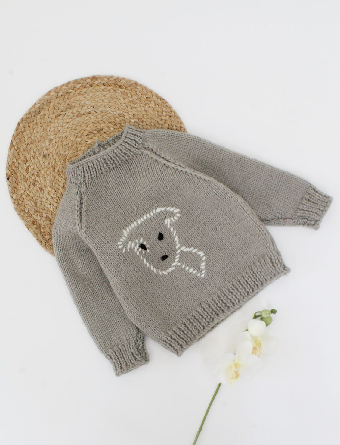 Handmade Dog Face Detailing Sweater For Newborn - Grey