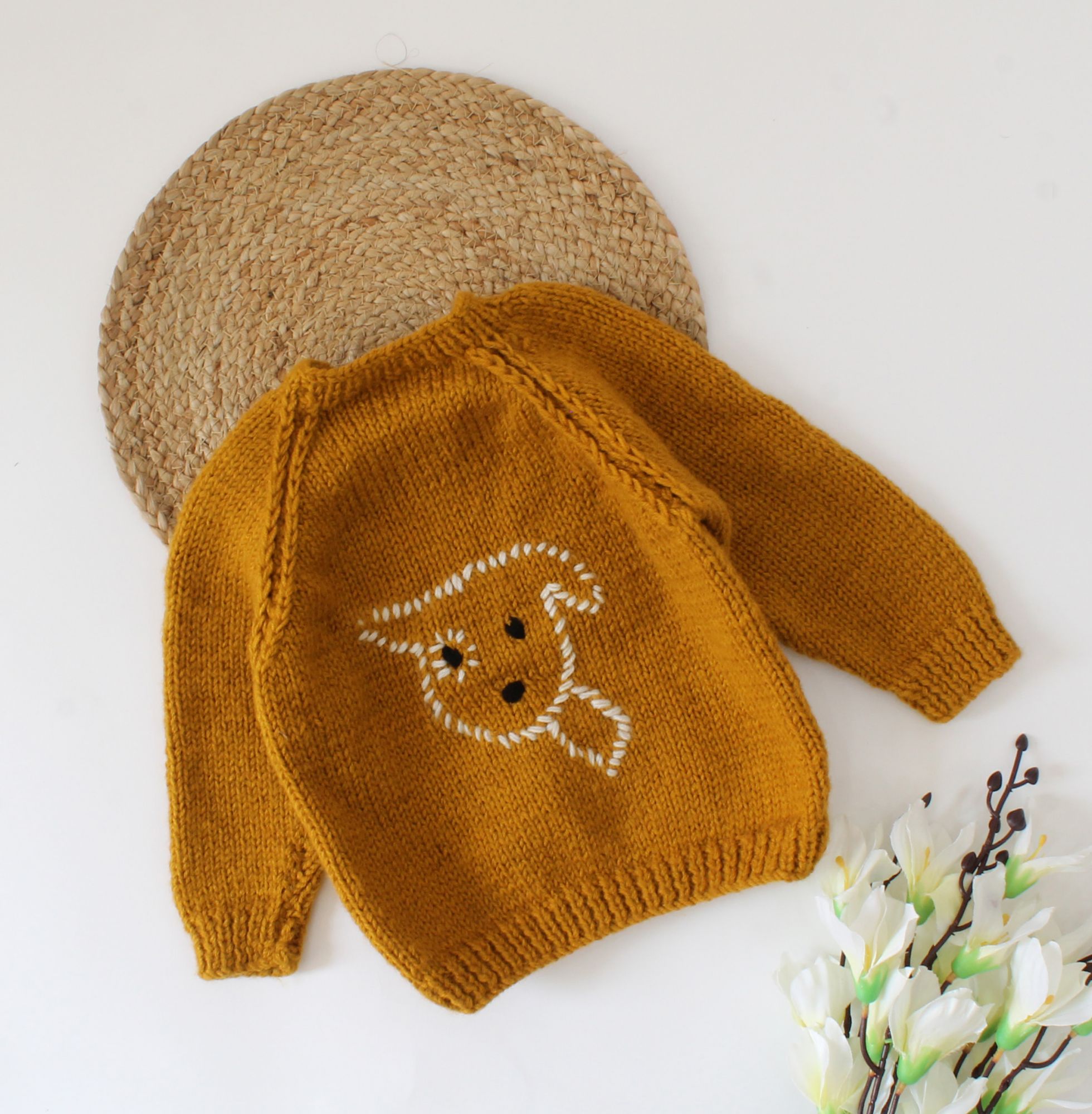 Handmade Dog Face Detailing Sweater For Newborn - Mustard