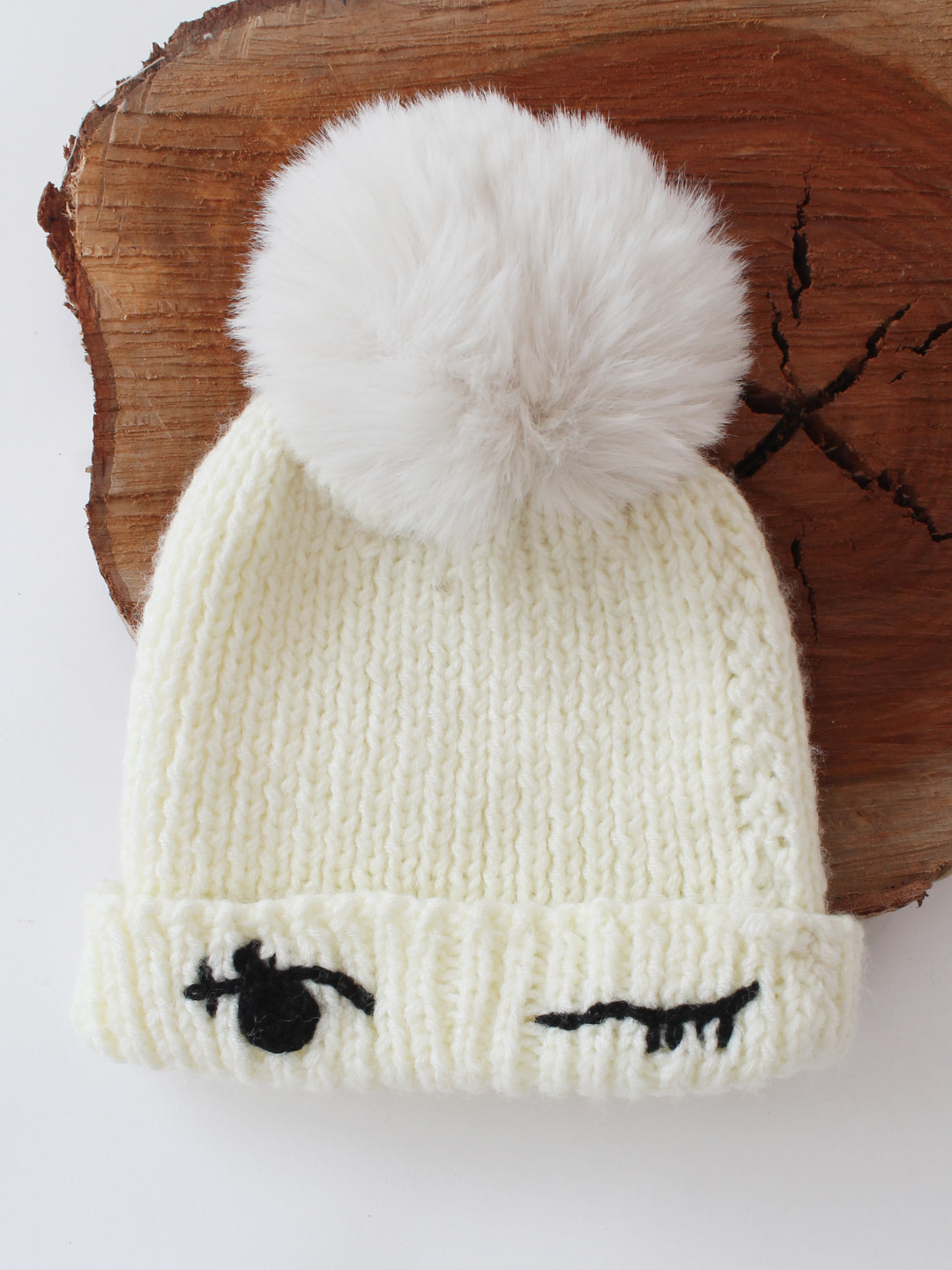 Handmade Eye Detail Pom-Pom Detail Knitted Beanie- Cream