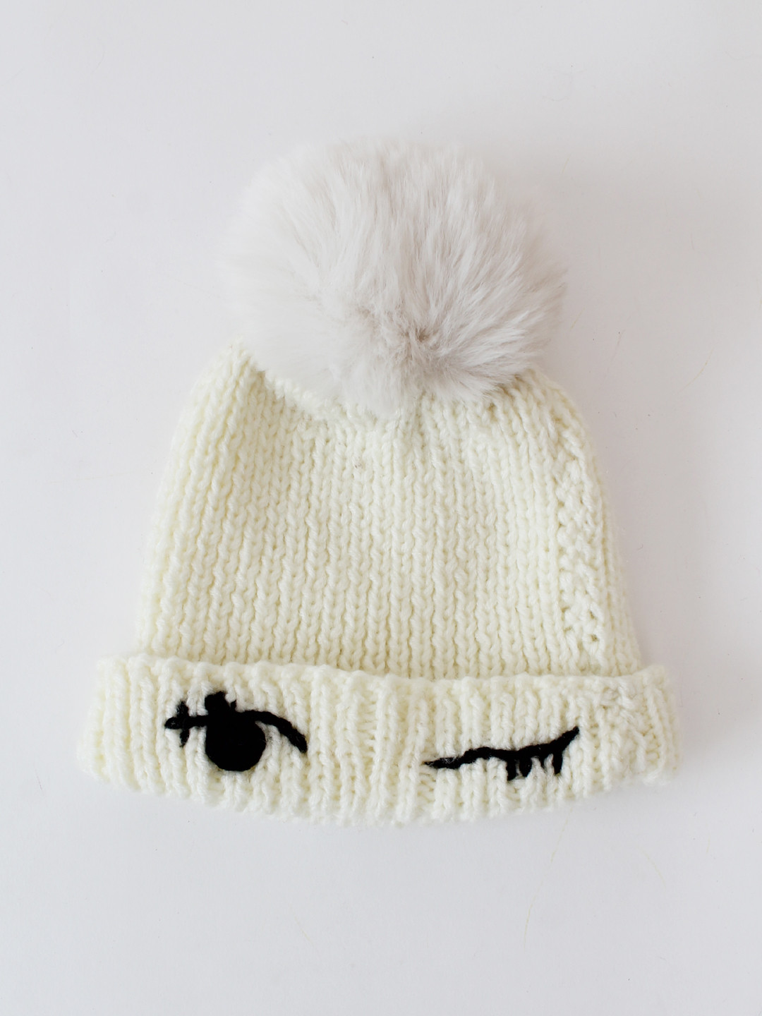 Handmade Eye Detail Pom-Pom Detail Knitted Beanie- Cream