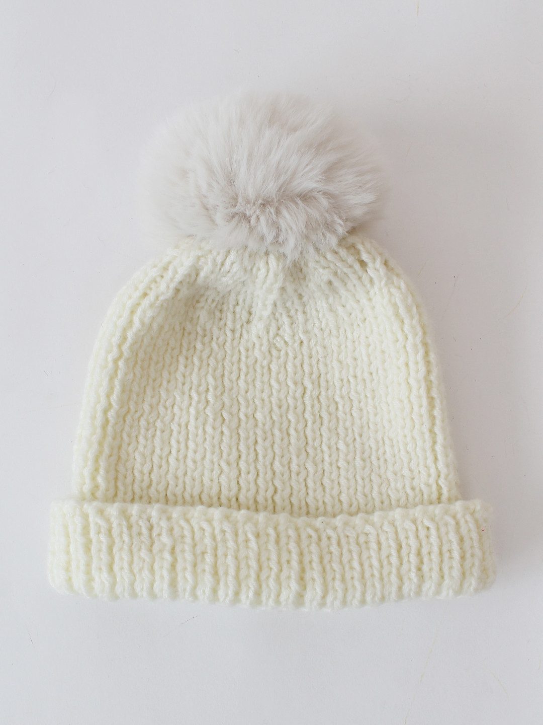 Handmade Eye Detail Pom-Pom Detail Knitted Beanie- Cream