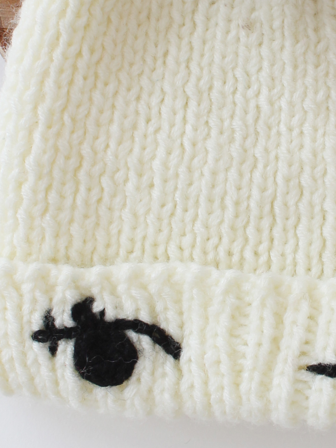 Handmade Eye Detail Pom-Pom Detail Knitted Beanie- Cream