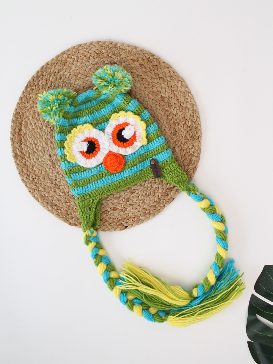Handmade Eyes Detailed Crochet Infants Bird Cap - Green