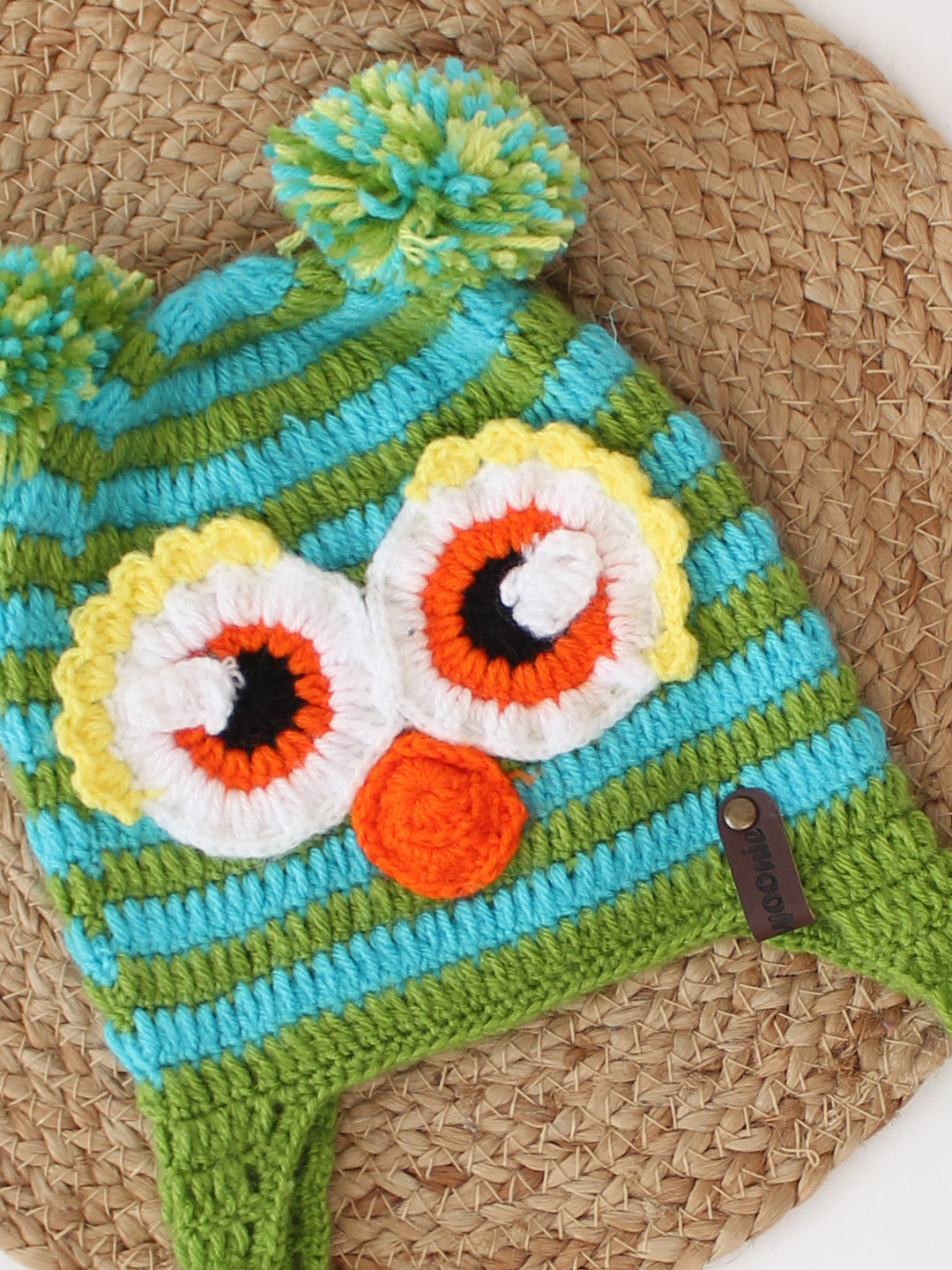 Handmade Eyes Detailed Crochet Infants Bird Cap - Green