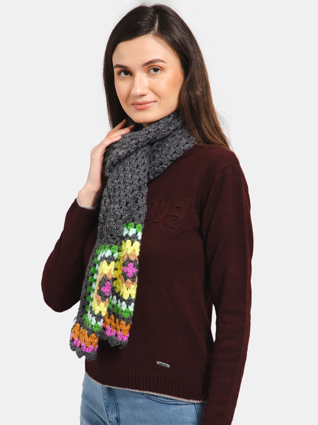 Handmade Granny Square Muffler for Women - Dark Grey