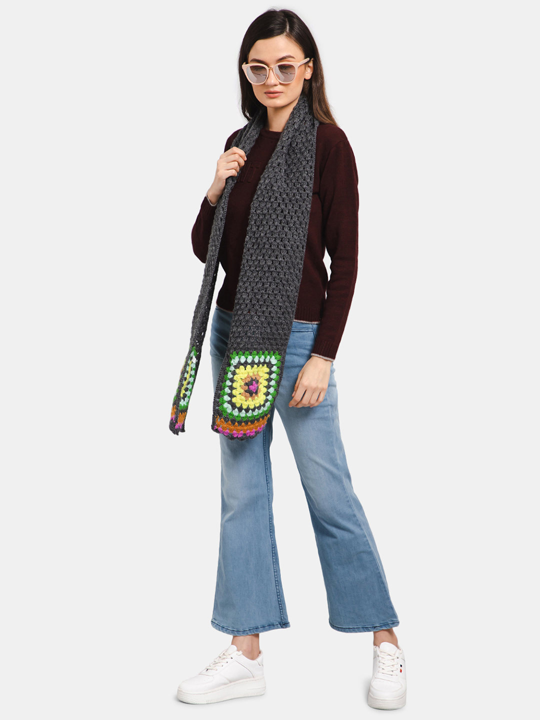 Handmade Granny Square Muffler for Women - Dark Grey