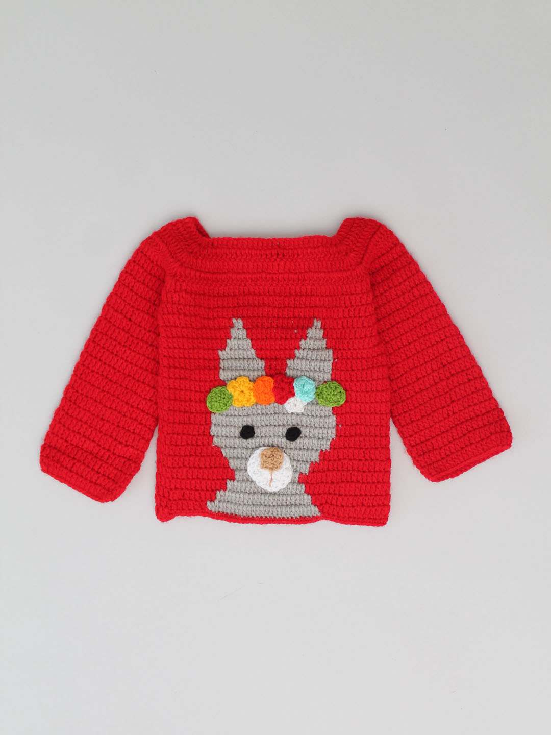 Handmade Intarsia Stitch Sweater with Dog Face - Red