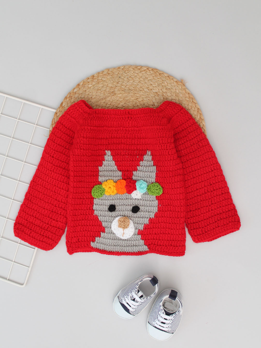 Handmade Intarsia Stitch Sweater with Dog Face - Red