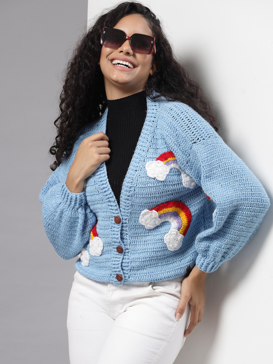 Handmade Oversized Cardigan with Rainbow and Cloud - Blue