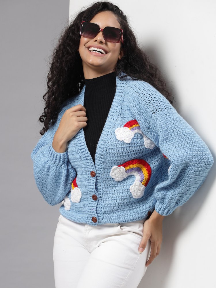 Handmade Oversized Cardigan with Rainbow and Cloud Blue