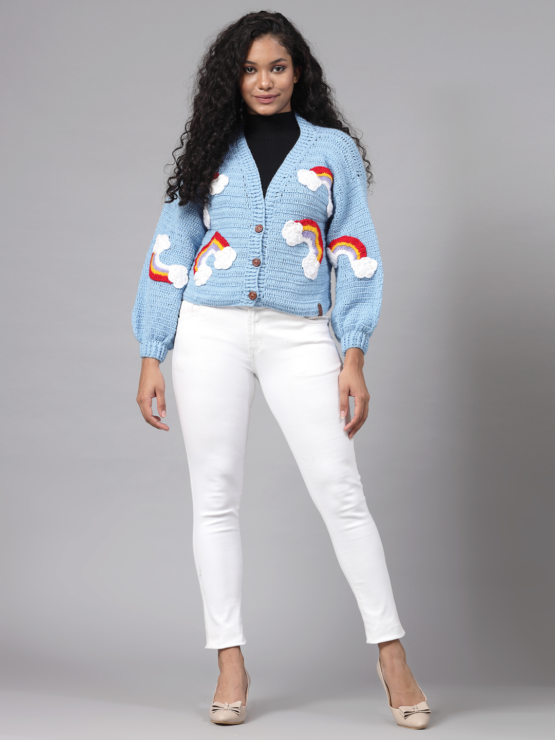Handmade Oversized Cardigan with Rainbow and Cloud - Blue