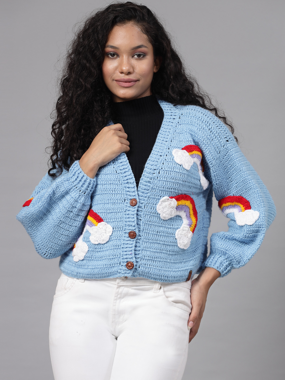 Handmade Oversized Cardigan with Rainbow and Cloud - Blue