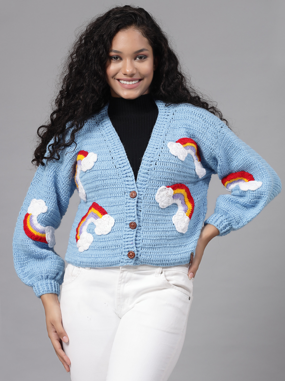 Handmade Oversized Cardigan with Rainbow and Cloud - Blue