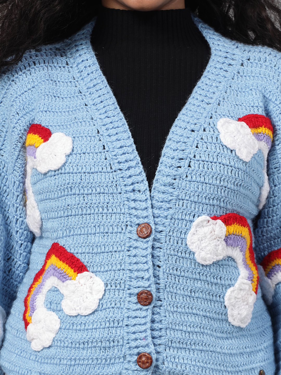 Handmade Oversized Cardigan with Rainbow and Cloud - Blue