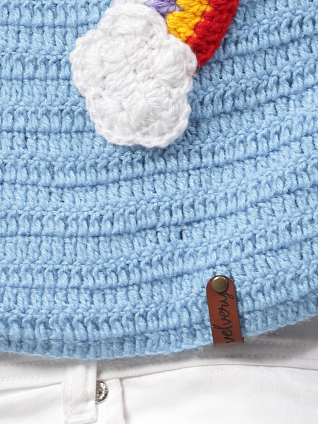 Handmade Oversized Cardigan with Rainbow and Cloud - Blue