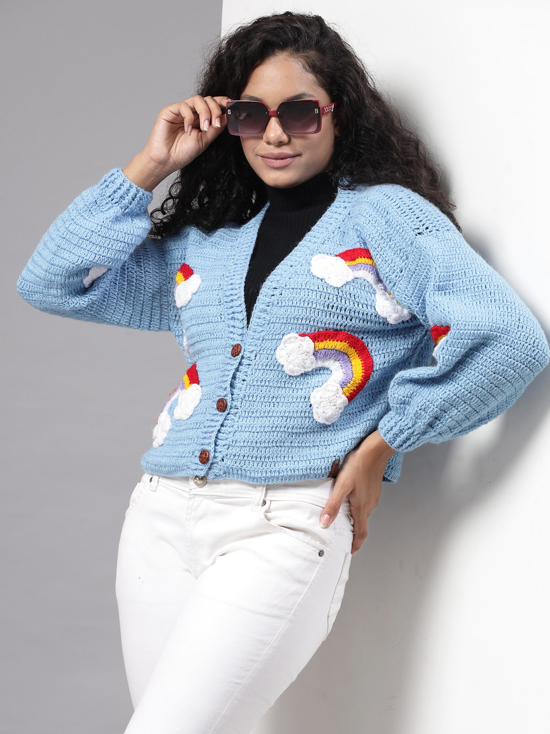 Handmade Oversized Cardigan with Rainbow and Cloud - Blue