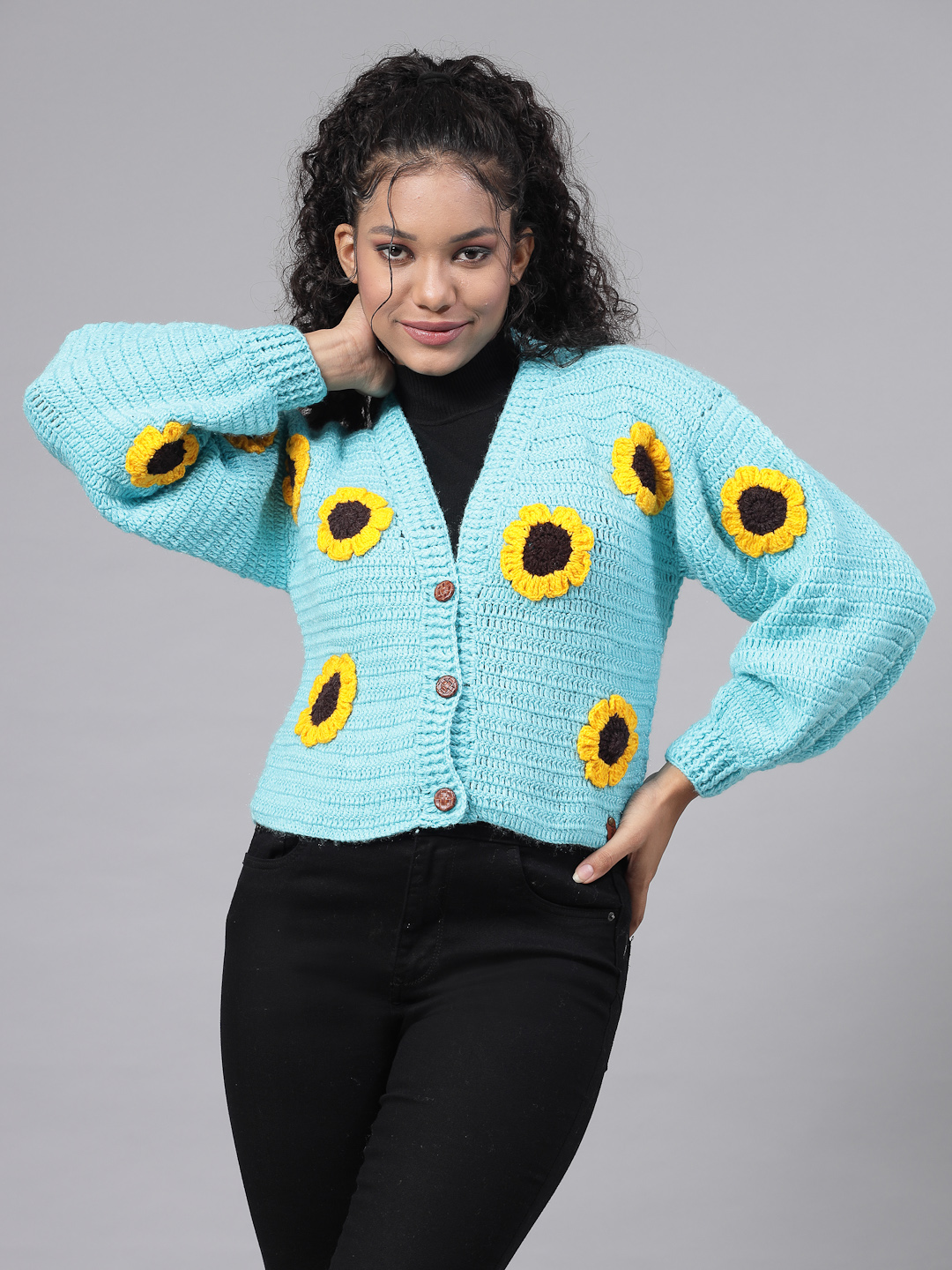 Handmade Oversized Cardigan with Sunflowers for Women-Blue