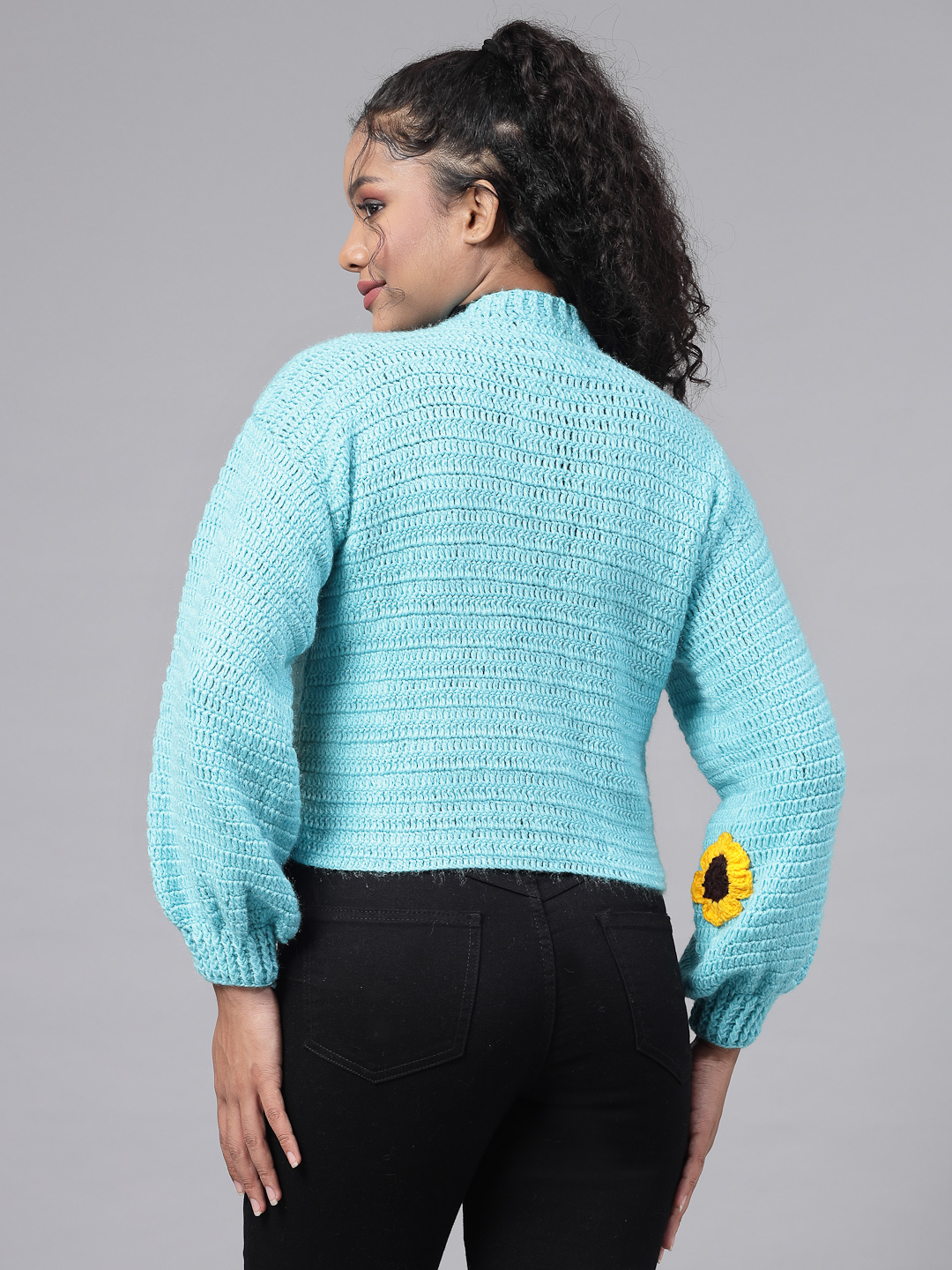 Handmade Oversized Cardigan with Sunflowers for Women-Blue