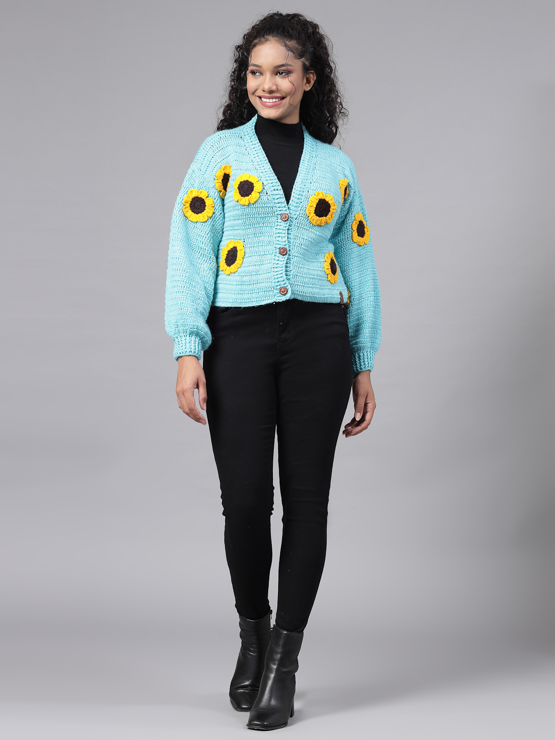 Handmade Oversized Cardigan with Sunflowers for Women-Blue