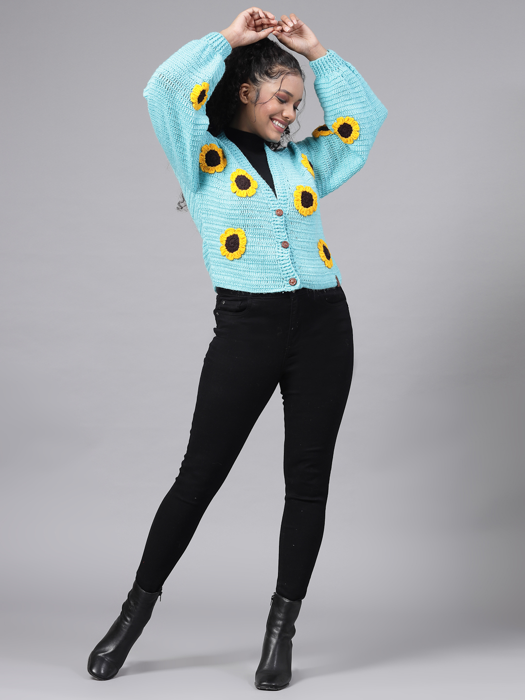 Handmade Oversized Cardigan with Sunflowers for Women-Blue