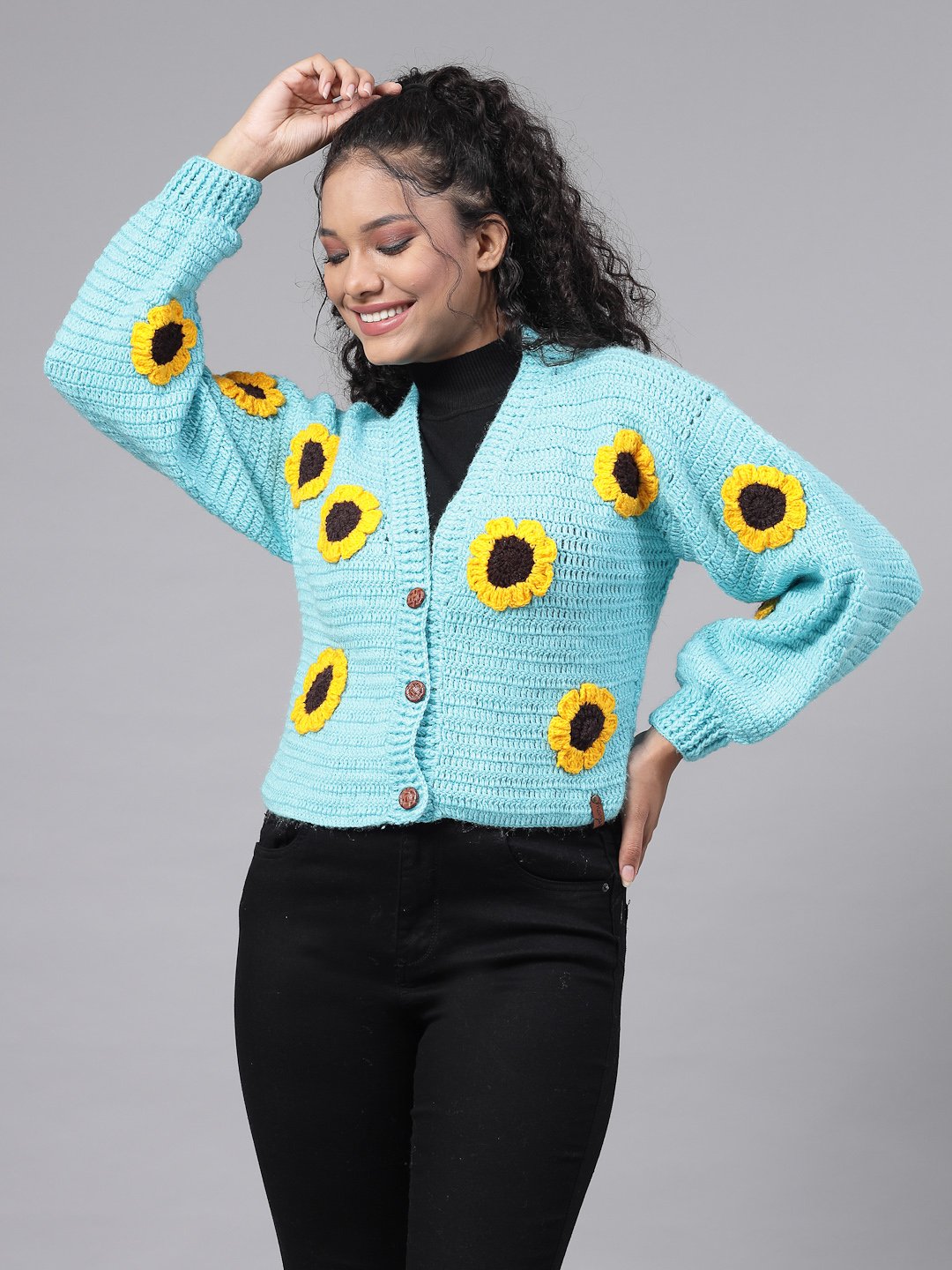 Handmade Oversized Cardigan with Sunflowers for Women-Blue