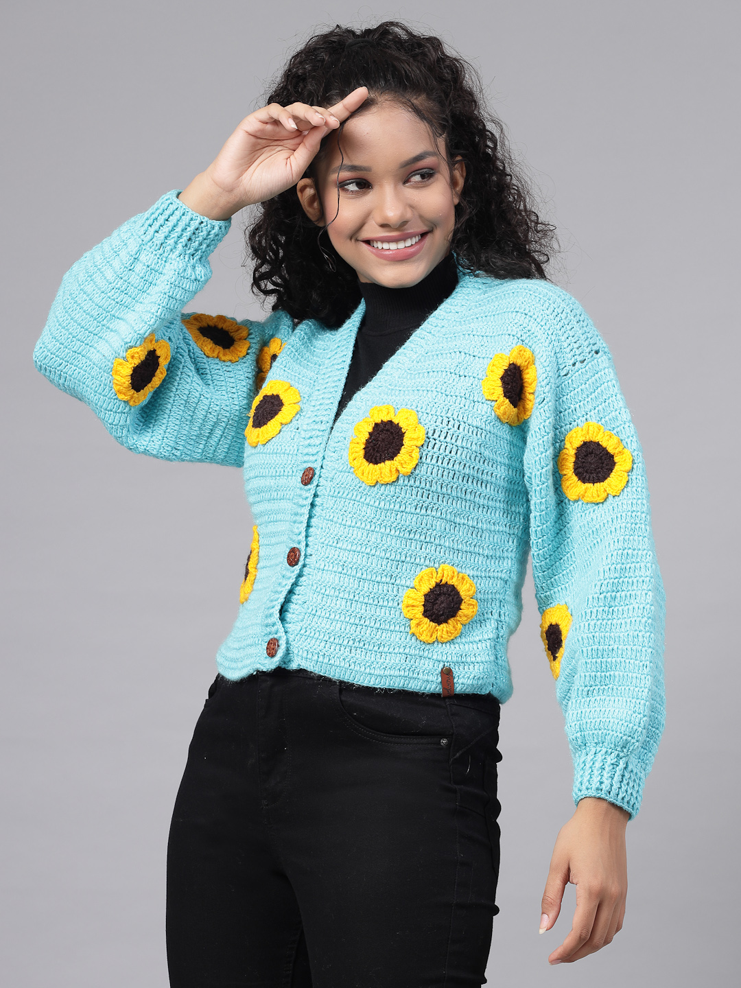 Handmade Oversized Cardigan with Sunflowers for Women-Blue