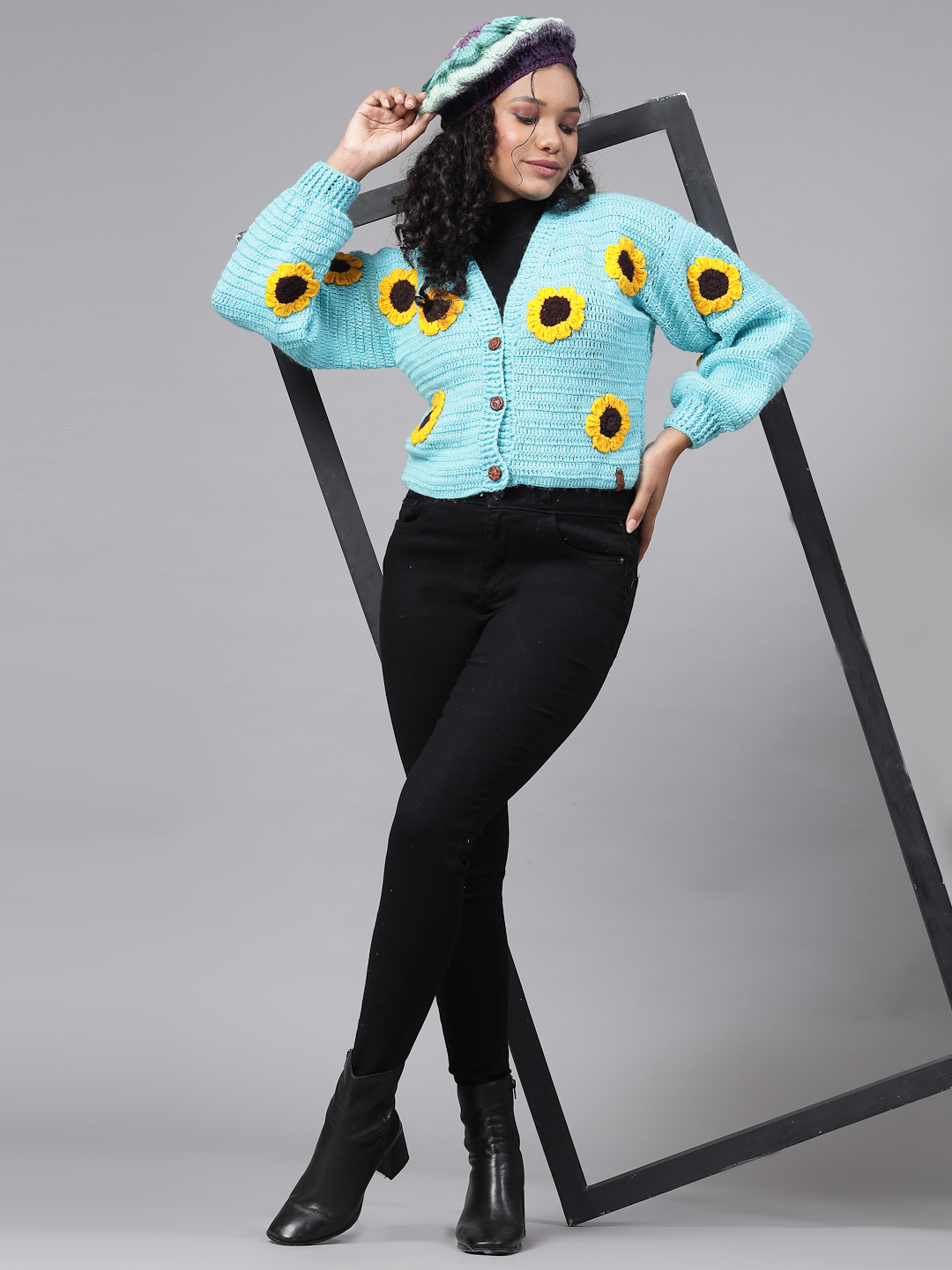 Handmade Oversized Cardigan with Sunflowers for Women-Blue