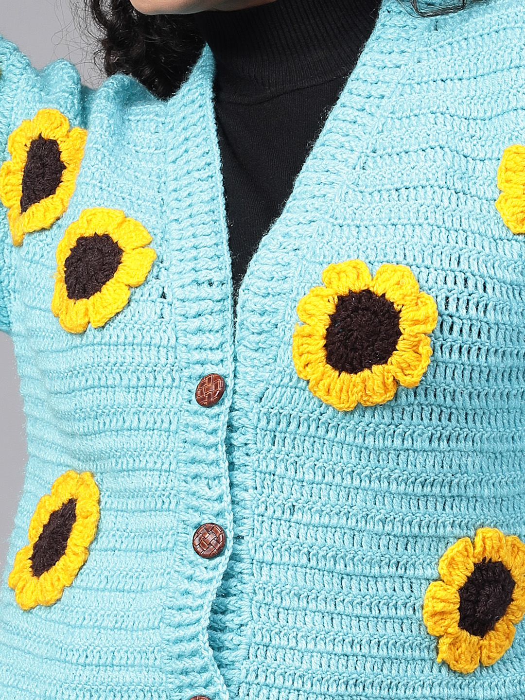 Handmade Oversized Cardigan with Sunflowers for Women-Blue