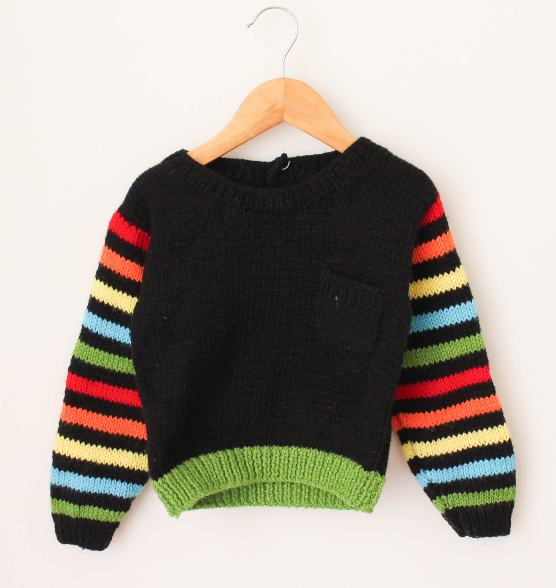 Handmade Striped Full Sleeves Pocket Sweater For Kids - Black