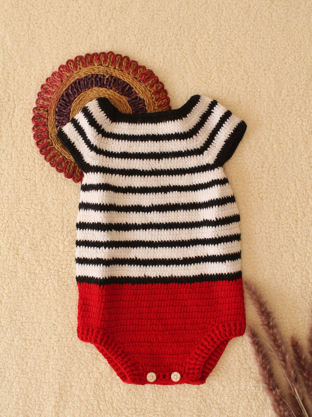Handmade Striped Pattern Crochet Infants Romper - Black