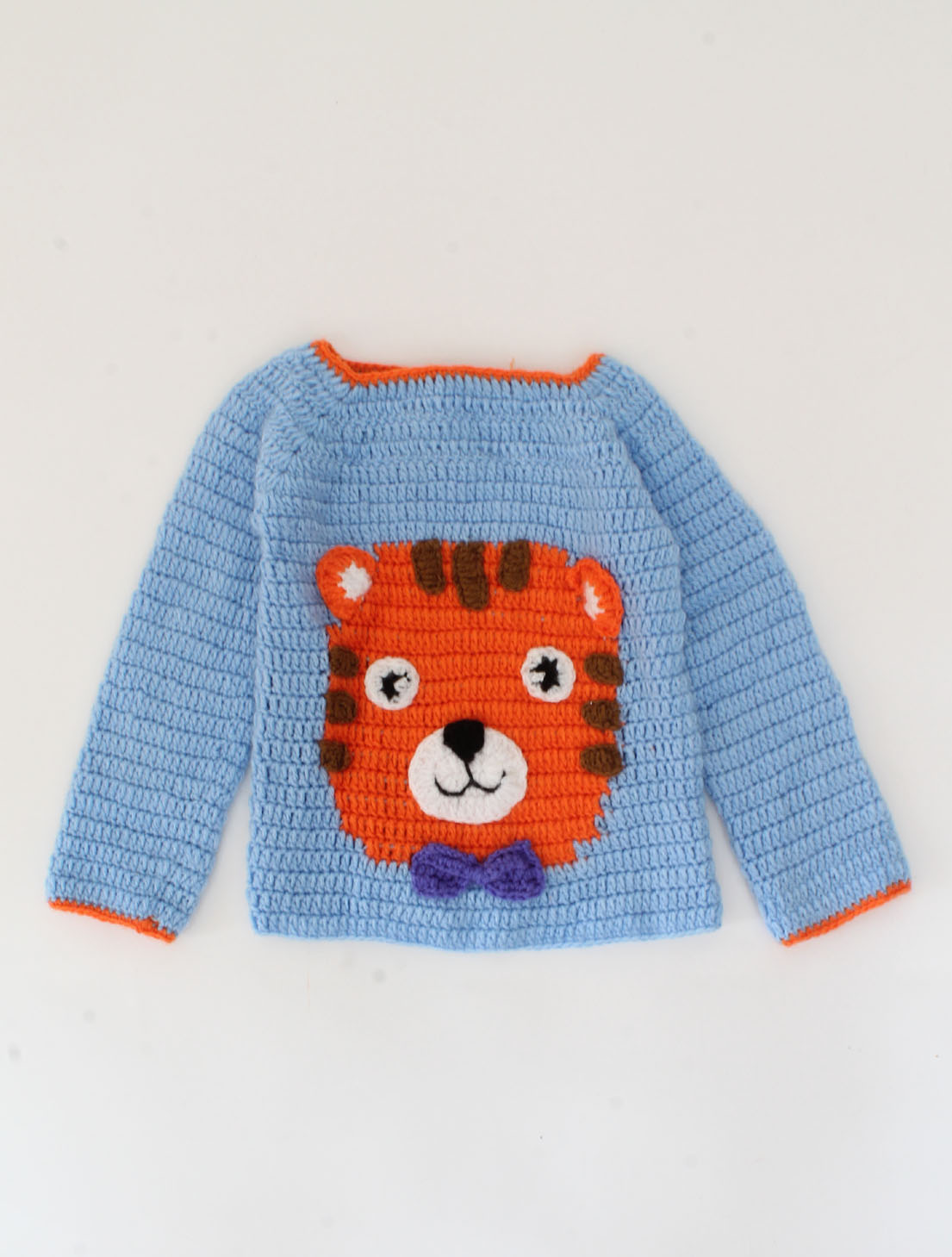 Handmade Tiger Face Woolen Sweater For Infants - Light Blue