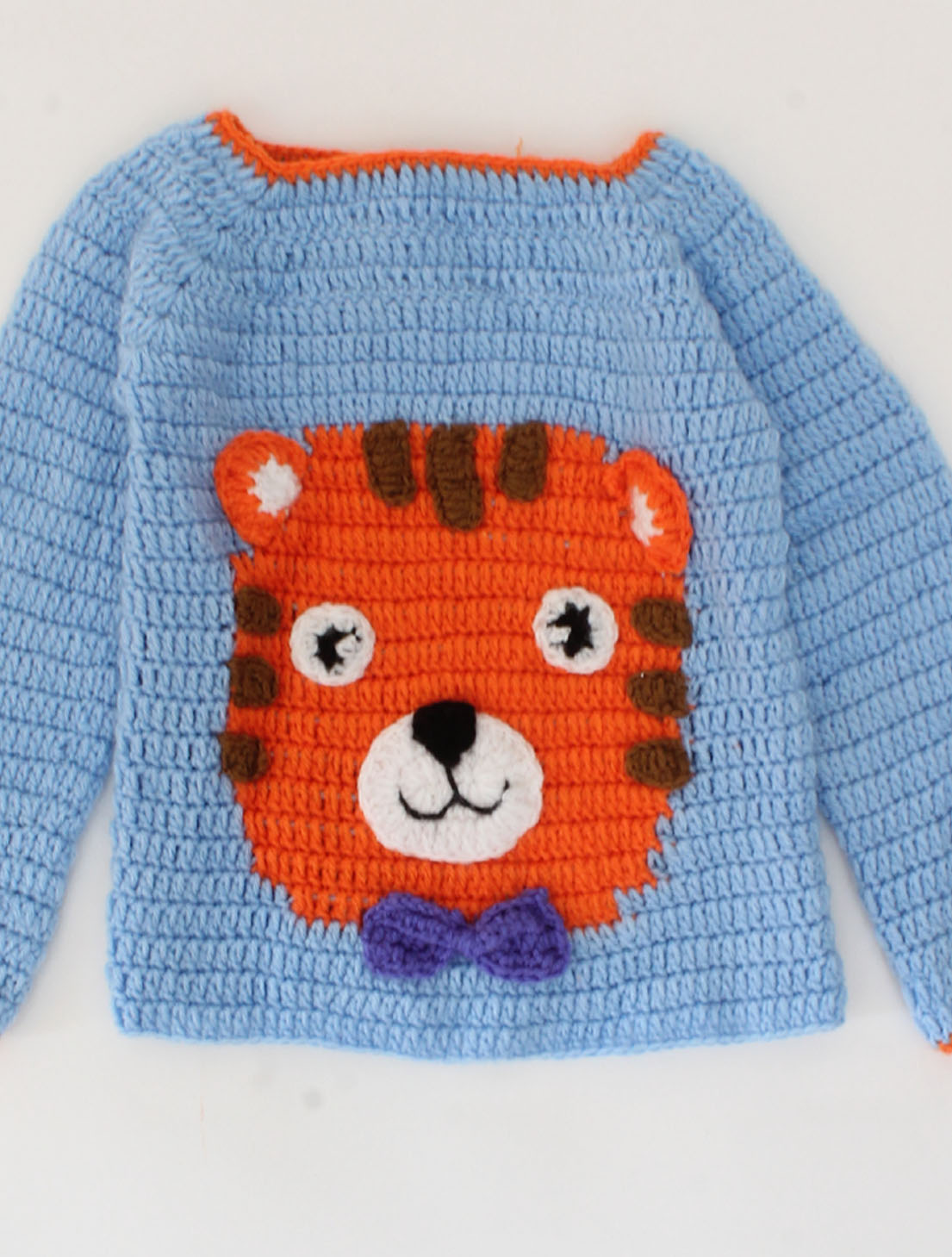 Handmade Tiger Face Woolen Sweater For Infants - Light Blue