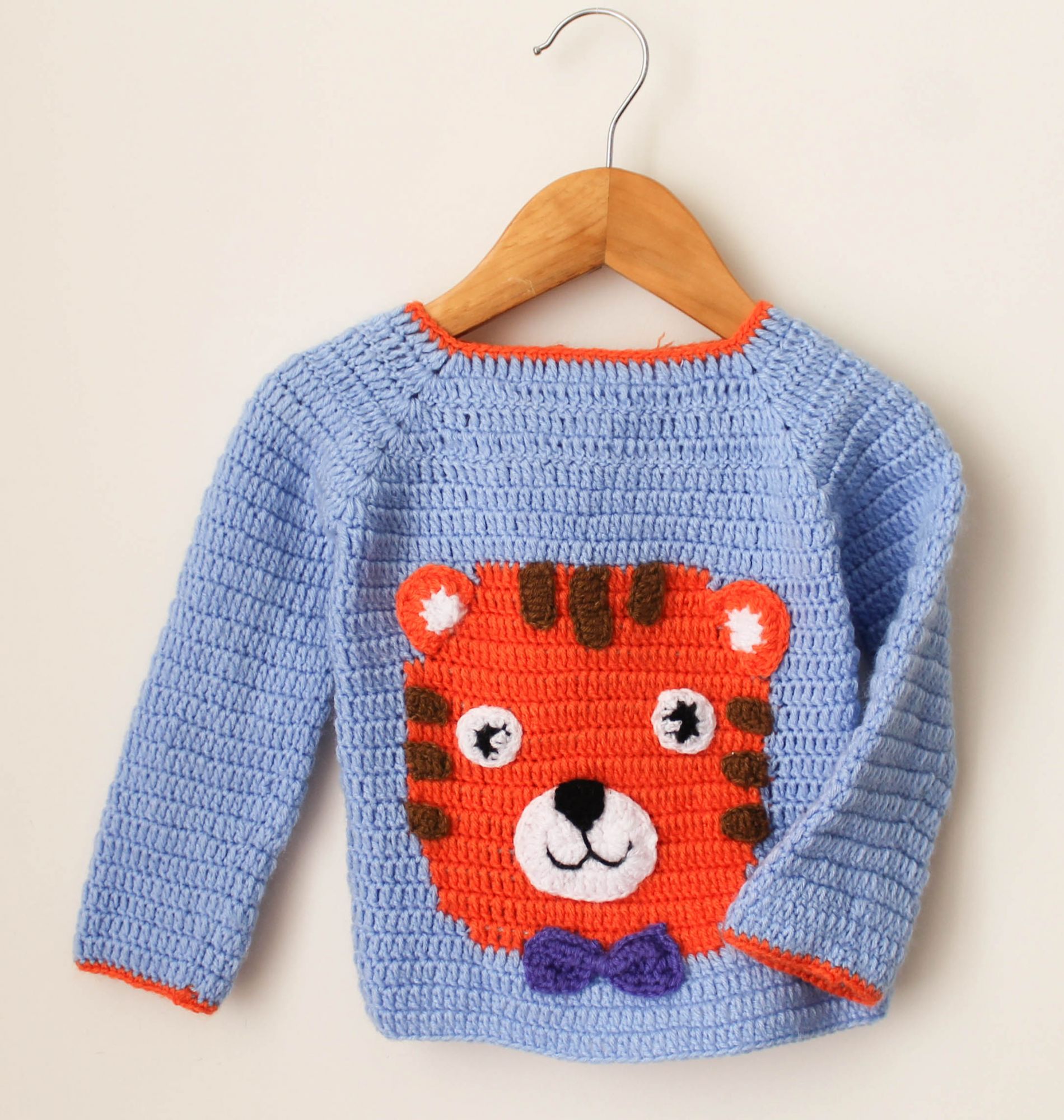 Handmade Tiger Face Woolen Sweater For Infants - Light Blue