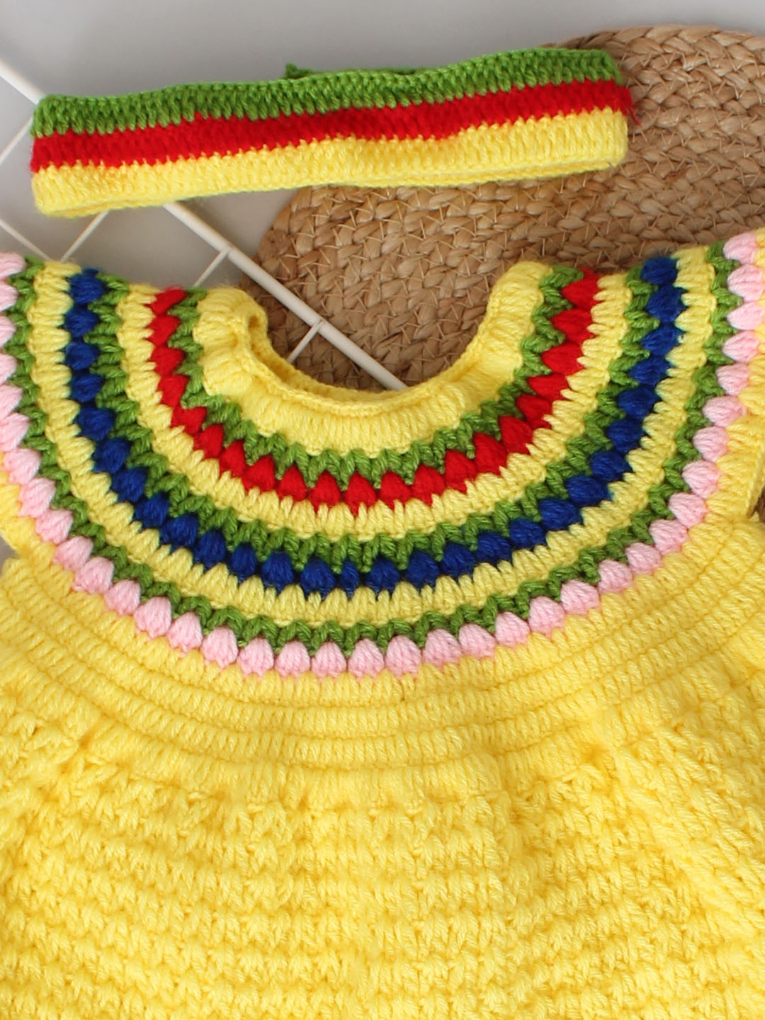 Handmade Winter Frock with Hairband and Booties - Yellow