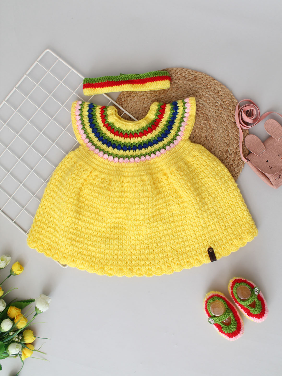 Handmade Winter Frock with Hairband and Booties - Yellow