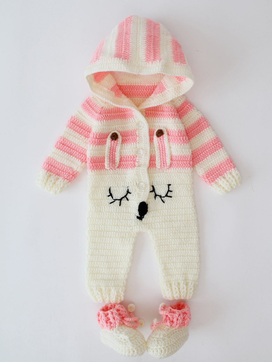 Handmade Woolen Jumpsuit with Hood and Boots - Peach