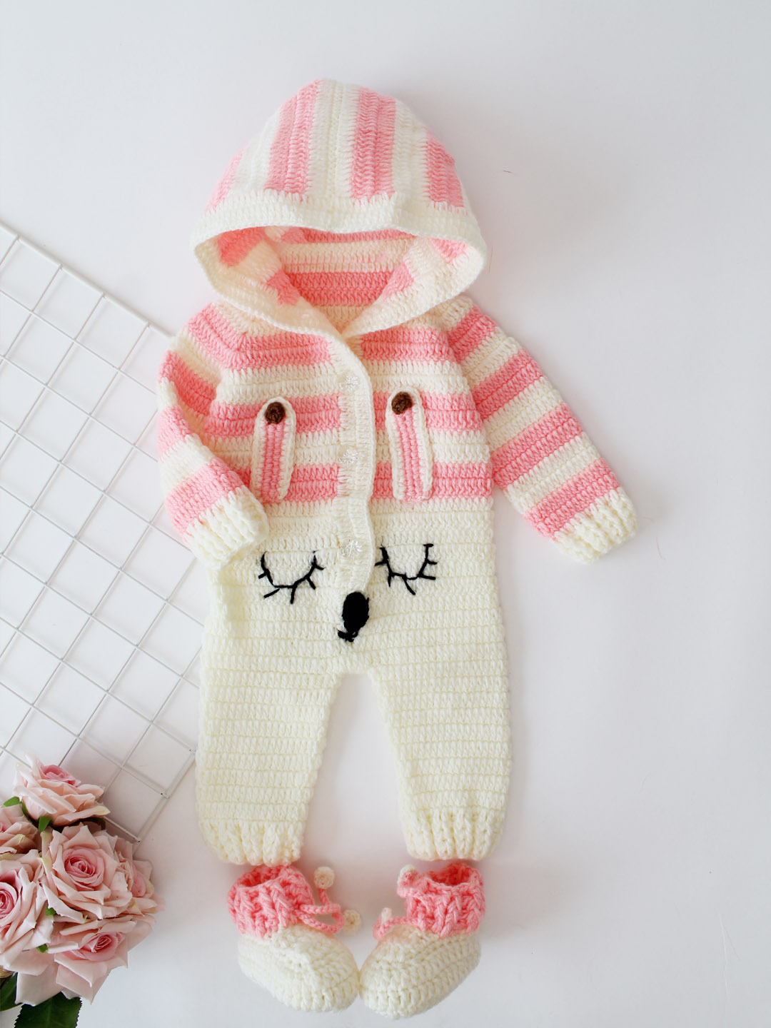 Handmade Woolen Jumpsuit with Hood and Boots - Peach