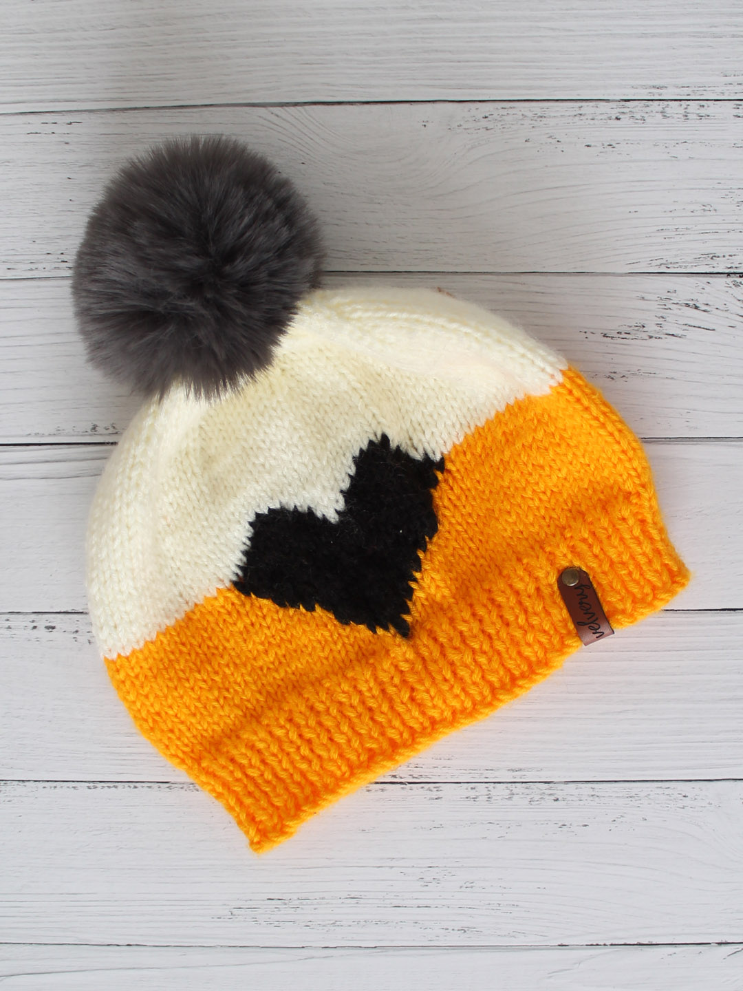 Heart Design Pom Pom Cap for Ladies - Yellow