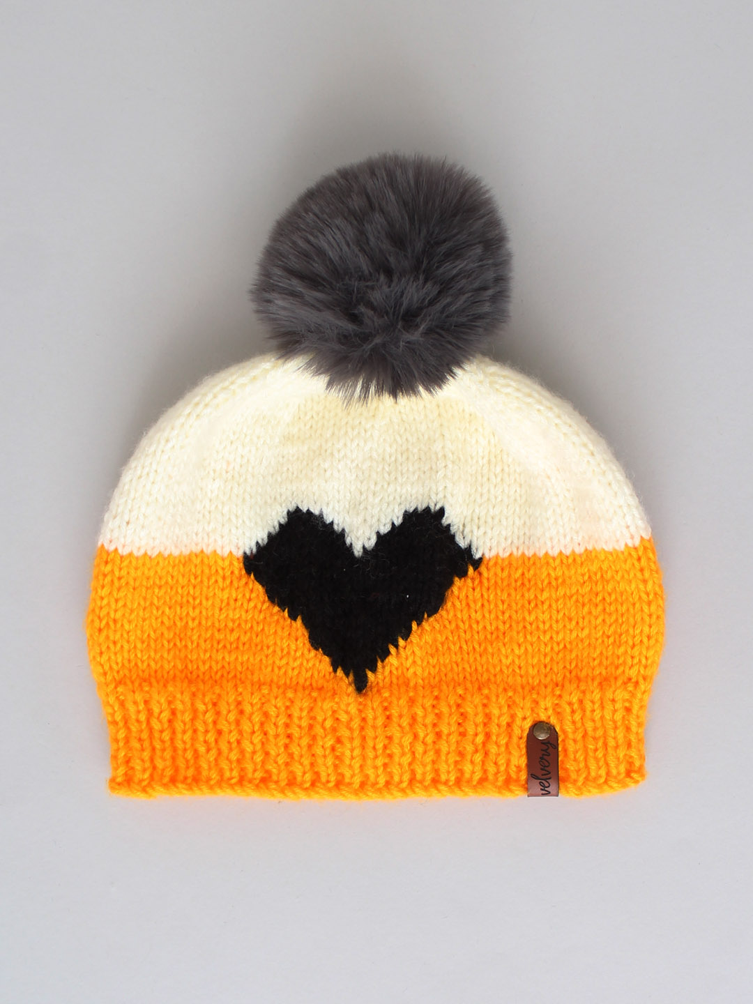 Heart Design Pom Pom Cap for Ladies - Yellow