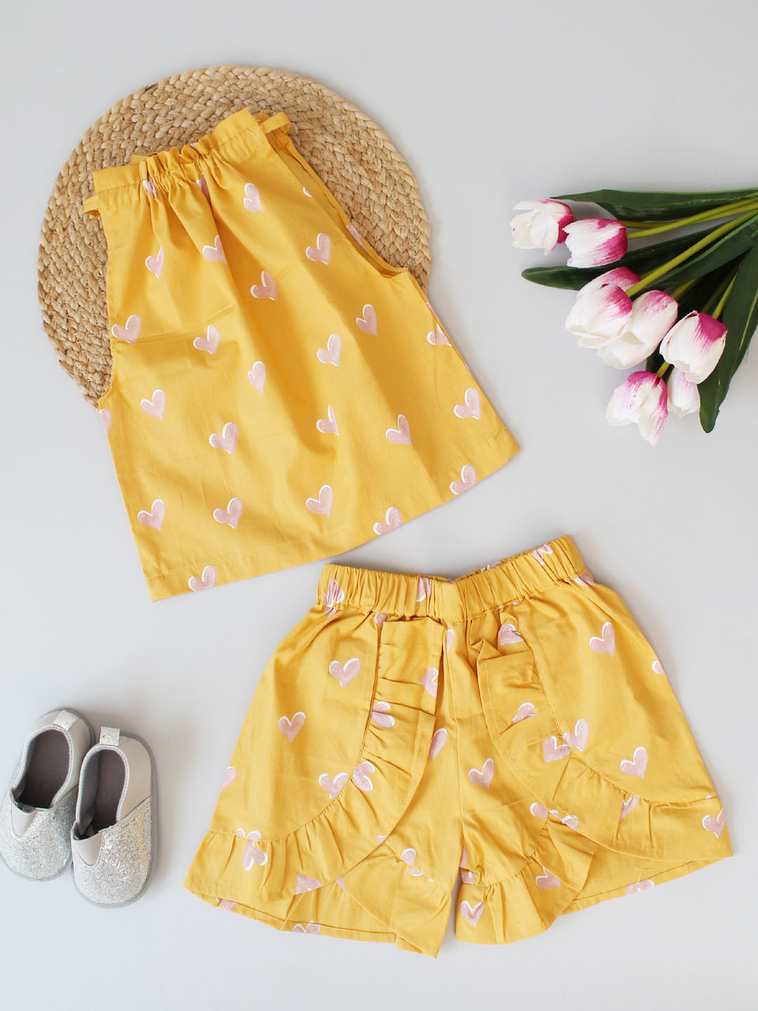 Heart Printed 2 Piece Summer Outfit with Frill Shorts Set- Yellow