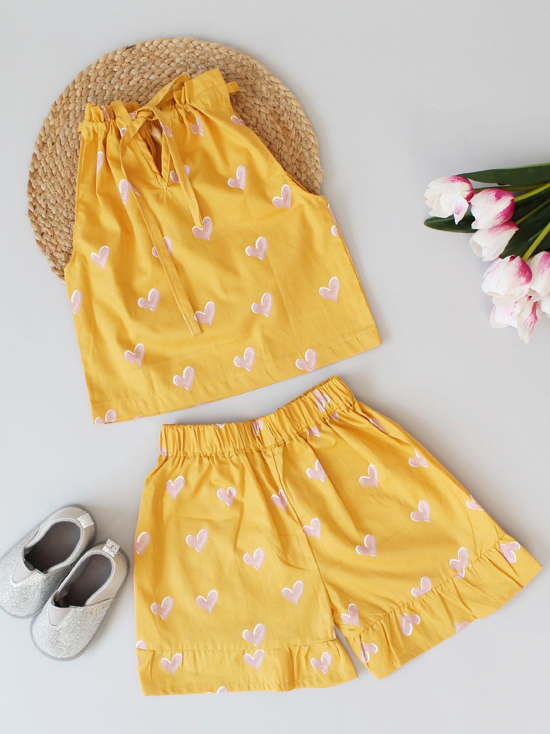 Heart Printed 2 Piece Summer Outfit with Frill Shorts Set- Yellow
