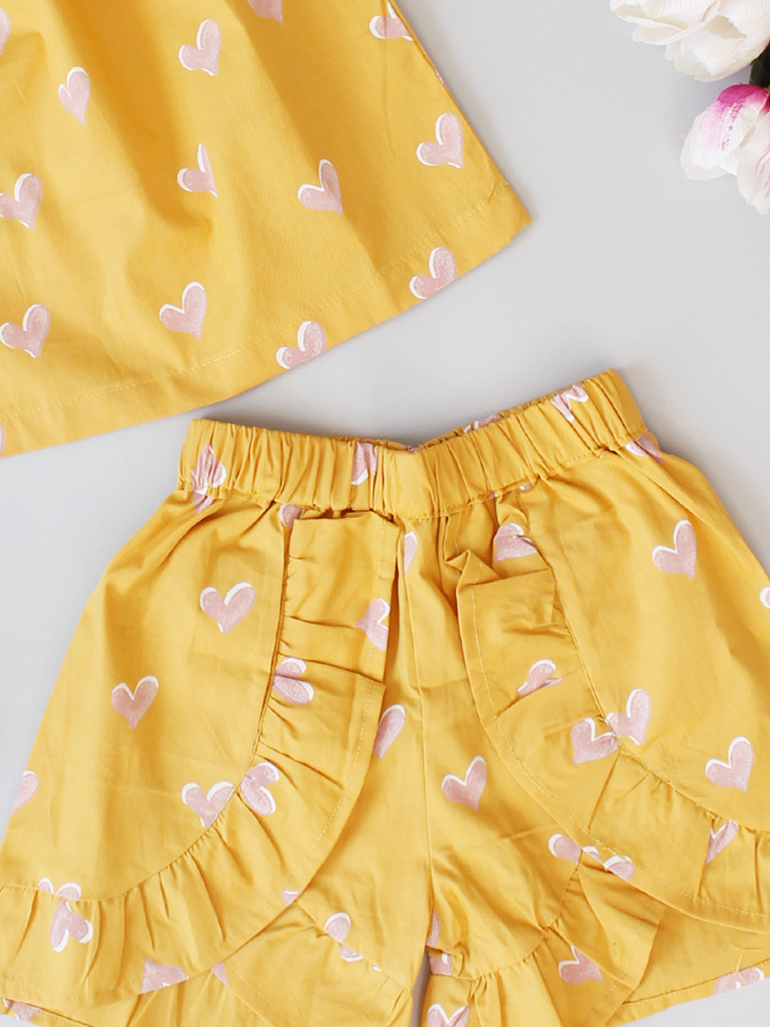 Heart Printed 2 Piece Summer Outfit with Frill Shorts Set- Yellow