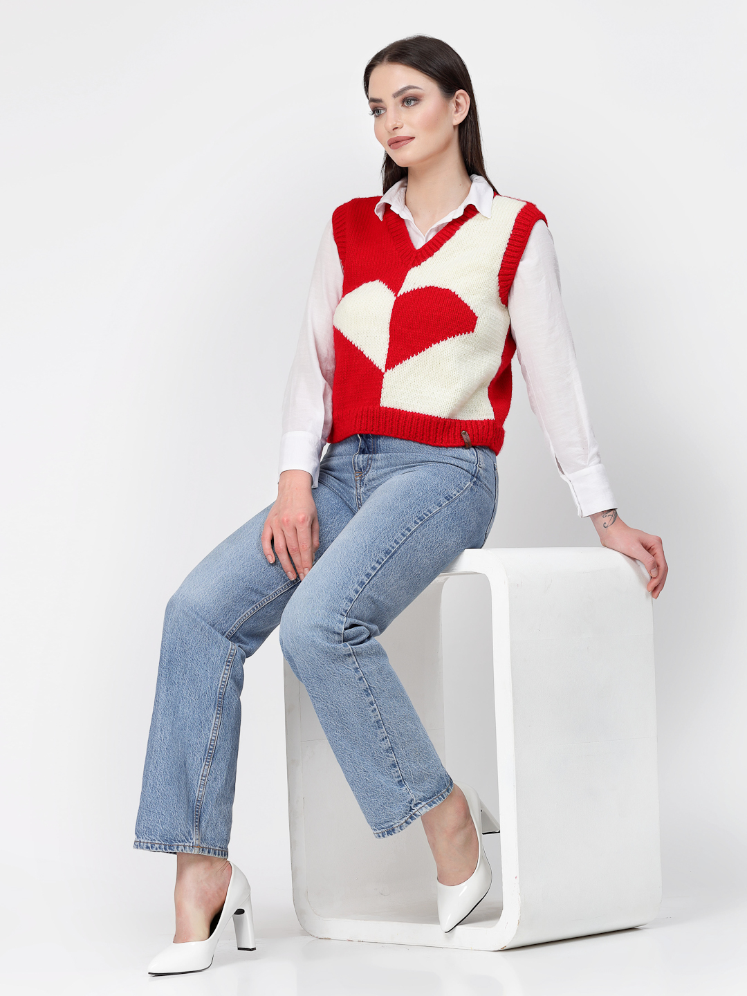 Handknitted Heart Knit Cute Sweater Vest for Women - Red