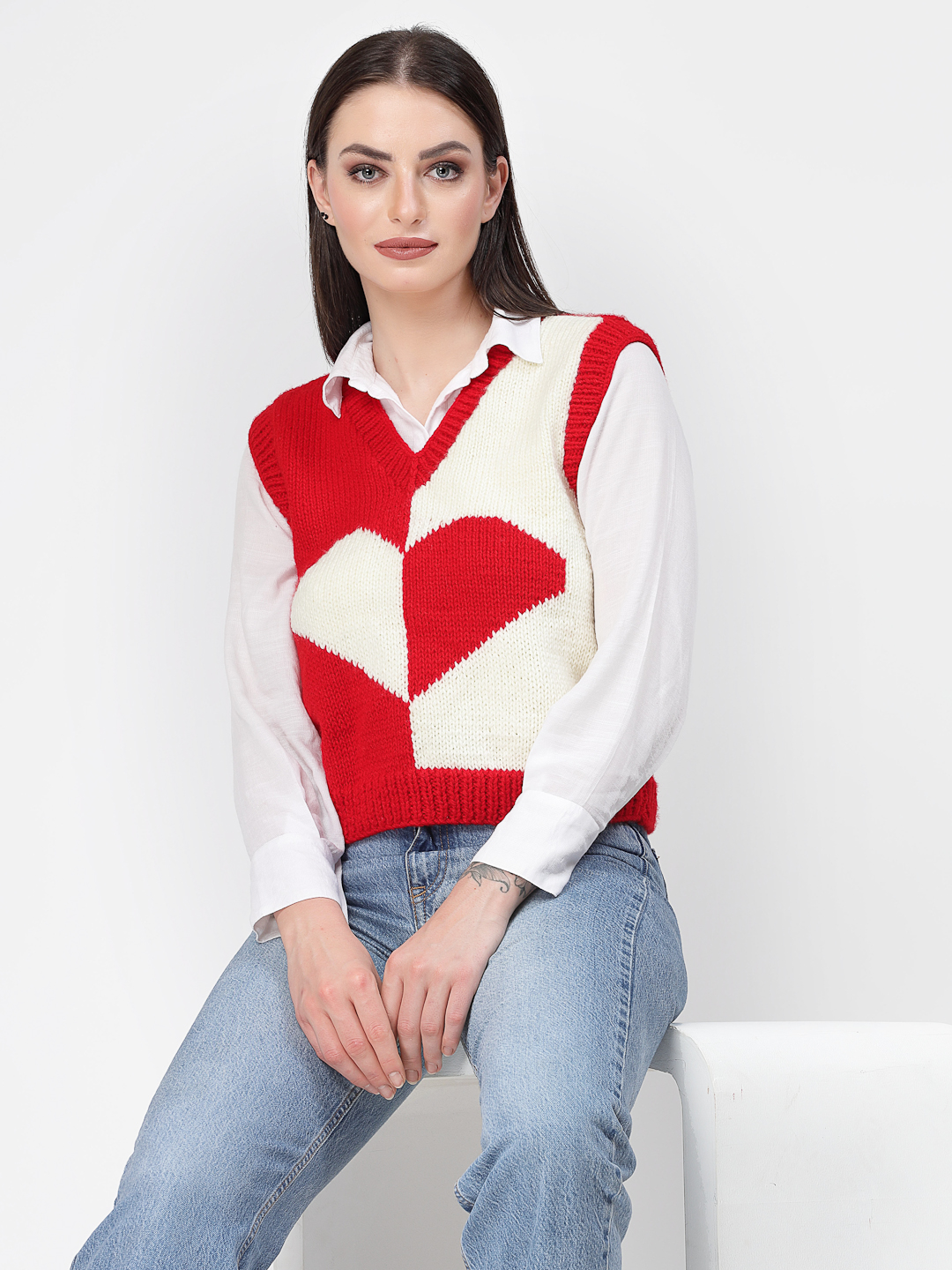 Handknitted Heart Knit Cute Sweater Vest for Women - Red