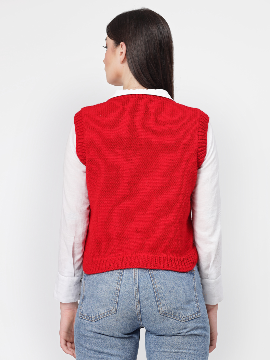 Handknitted Heart Knit Cute Sweater Vest for Women - Red