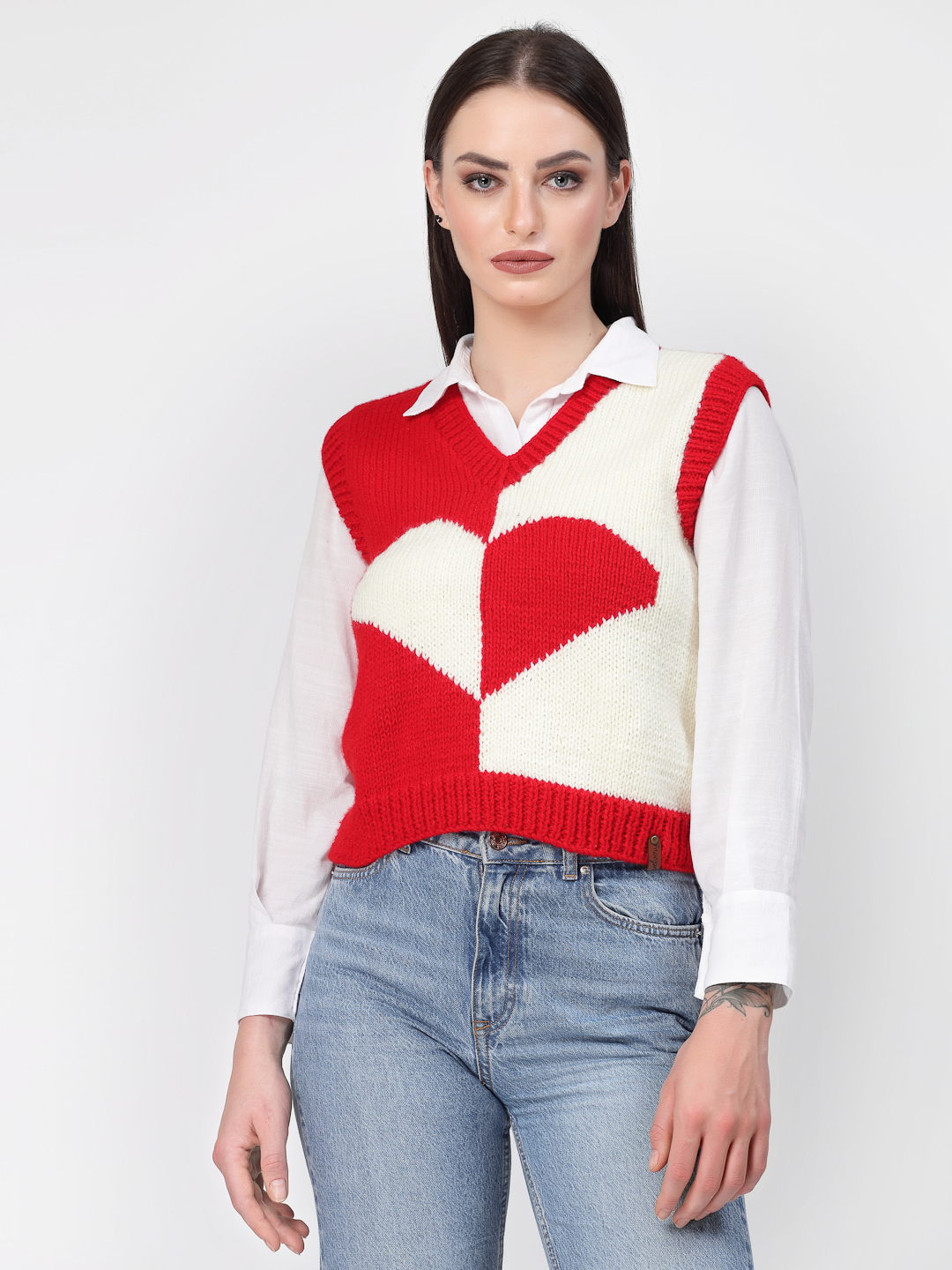 Handknitted Heart Knit Cute Sweater Vest for Women - Red