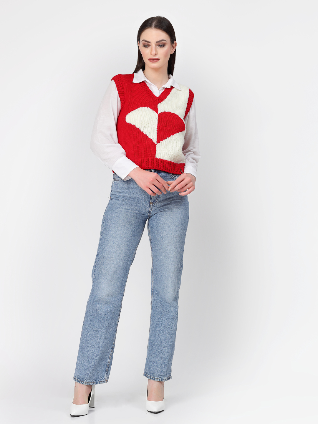 Handknitted Heart Knit Cute Sweater Vest for Women - Red