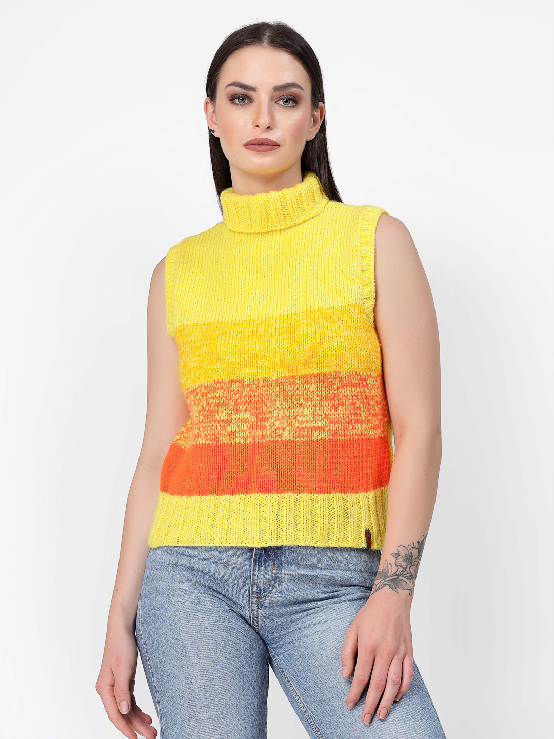 Handknitted Turtleneck Shaded Pattern Sweater - Yellow