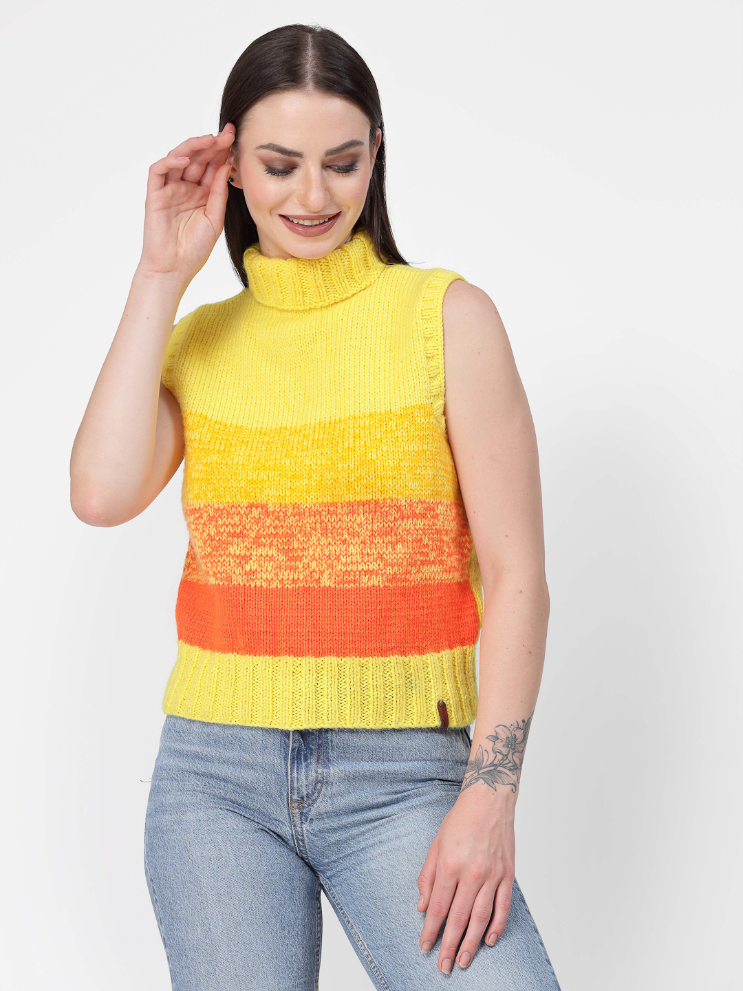 Handknitted Turtleneck Shaded Pattern Sweater - Yellow