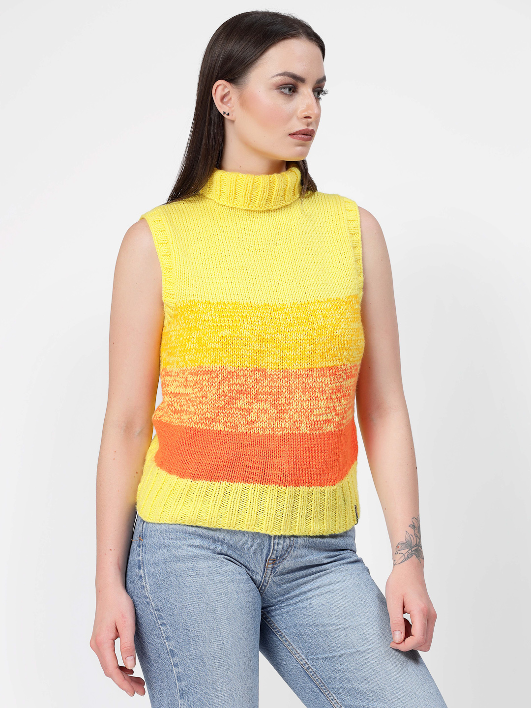 Handknitted Turtleneck Shaded Pattern Sweater - Yellow
